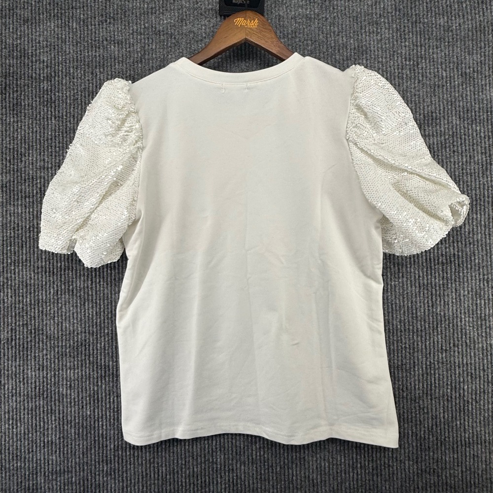 TCEC Sequin‎ Puff Sleeve Top Womens Large White Excellent Crewneck CT8480 - Picture 5 of 6